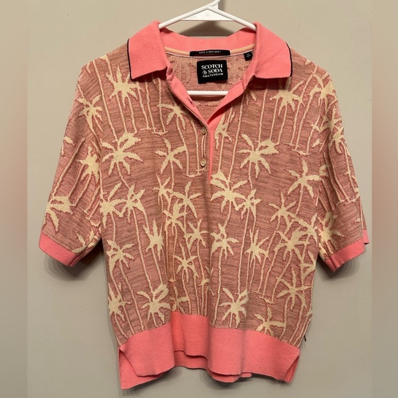 Scotch & Soda Pink and Cream Palm Tree Pattern Knit Polo XS - Picture 1 of 5